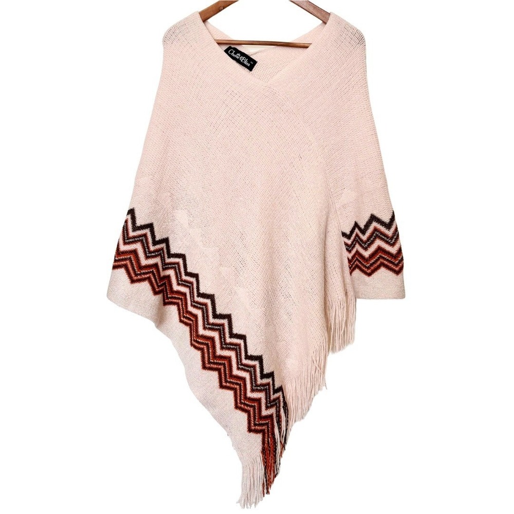 Boho Knit Pink Poncho Chevron Stripe Metallic Thread & Fringe – Cherie Bliss, OS